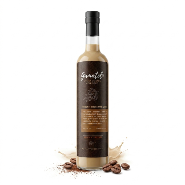 Botella de Crema de Café con Pisco Gamatel 500 ml, licor peruano artesanal de Chanchamayo